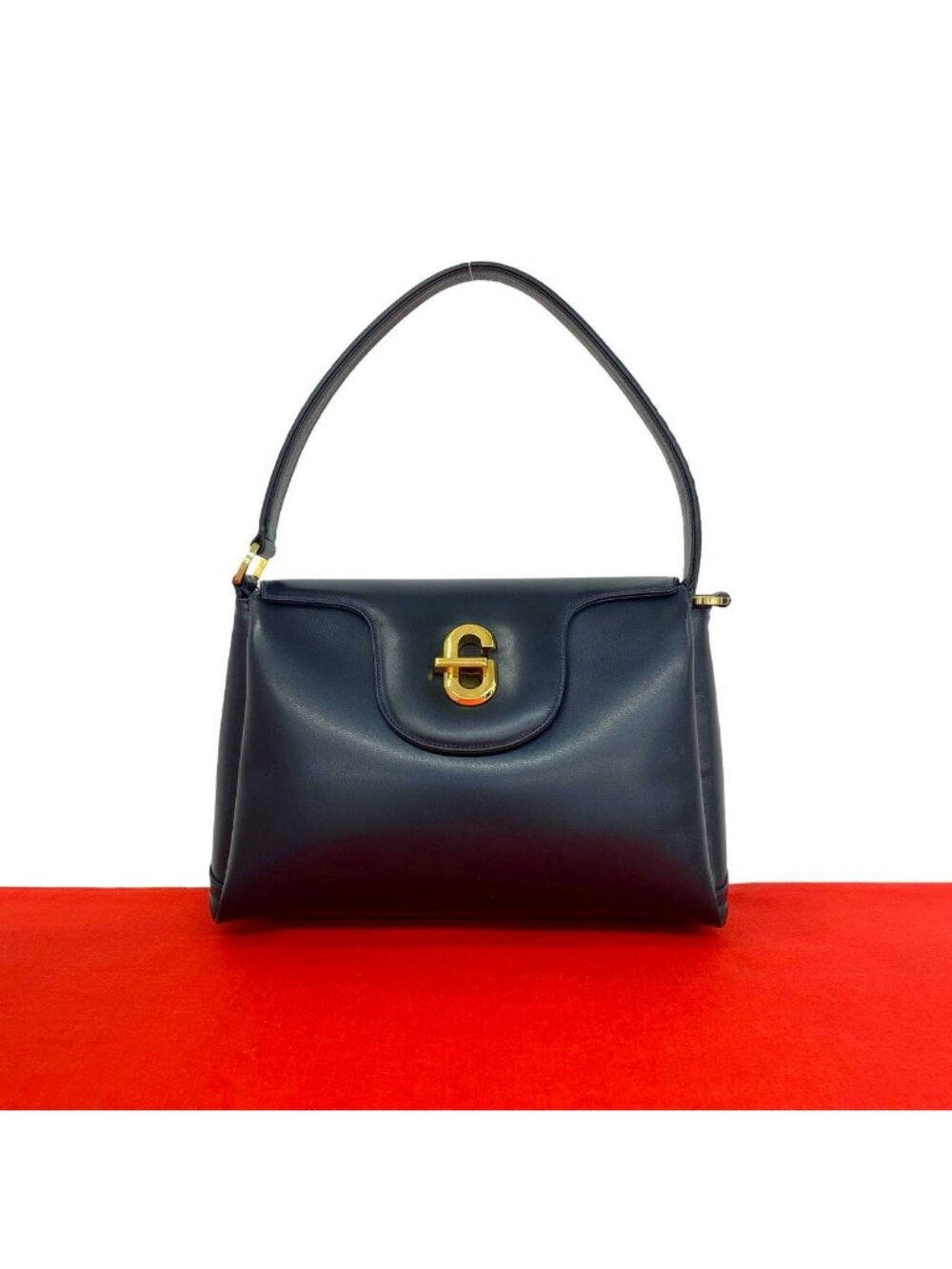Gucci Vintage Logo Leather Turnlock Handbag Navy